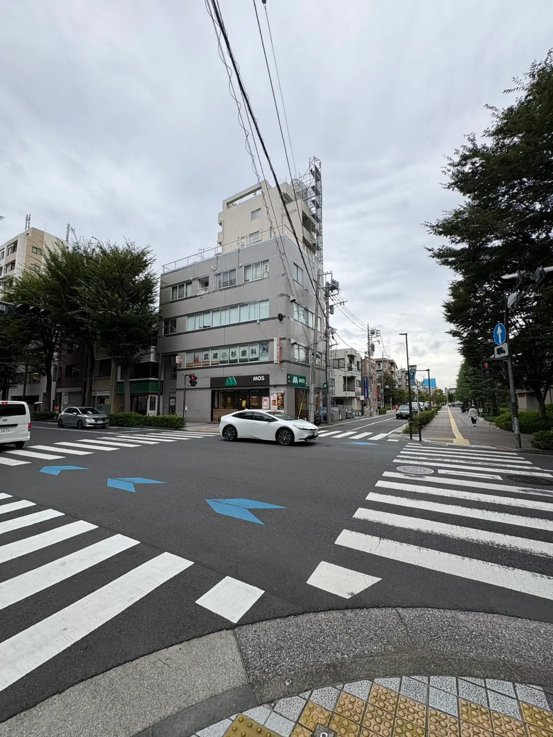 モスバーガーのある交差点と、手前の横断歩道